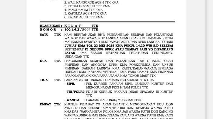 Salinan PDF surat kawat (surat kilat) yang dikirim Sekretariat Daerah Pemprov Aceh, ditujukan kepada Penjabat Wali Kota Langsa dan Ketua DPRK Langsa. Foto screenshoot 