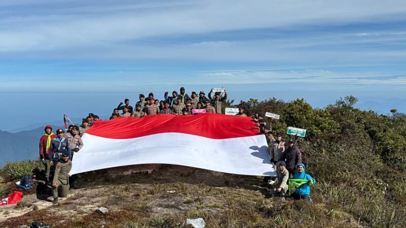 Tim Ekspedisi Hari Bhayangkara Bentangkan Bendera Merah Putih di Puncak Gunung Leuser. Foto: Dok. Bidhumas Polda Aceh