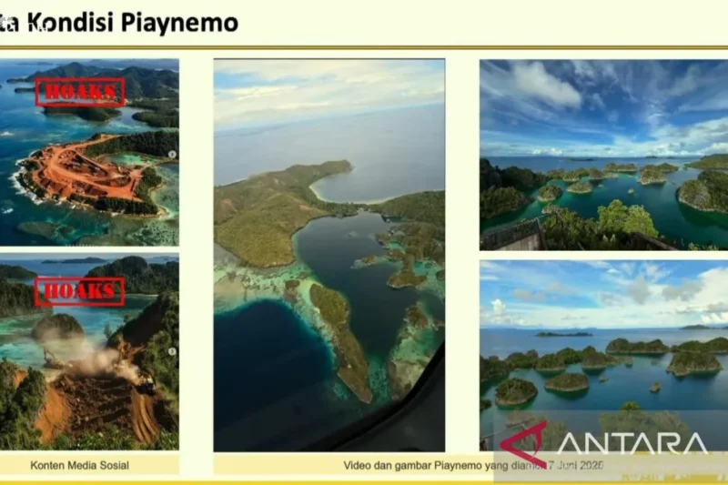 Gambaran kondisi terkini Pulau Piaynemo Raja Ampat yang dipaparkan Menteri ESDM Bahlil Lahadalia dalam keterangan pers di Kantor Presiden, Istana Kepresidenan RI, Jakarta, Selasa (10/6/2025). FOTO: dok. ANTARA/Mentari Dwi Gayati.