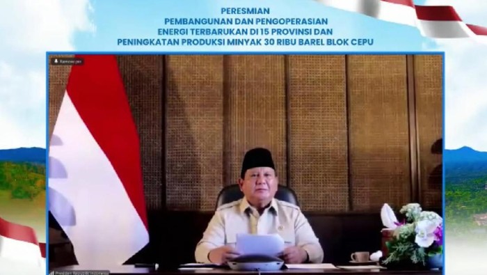 Prabowo lewat video conference meresmikan proyek pembangkit listrik energi terbarukan. FOTO: IST