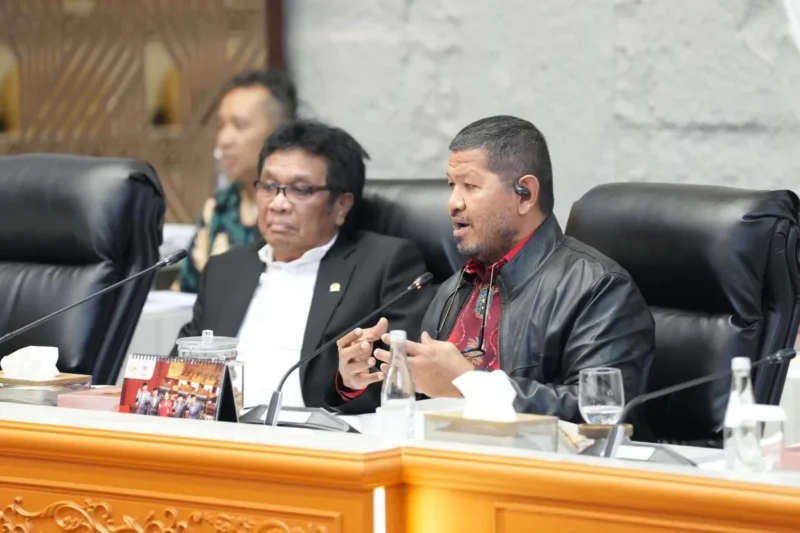 Wakil Ketua Komisi V DPR RI Ridwan Bae (kiri) dan Wakil Ketua Komisi V DPR RI Roberth Rouw (kanan) memimpin rapat kerja bersama Kementerian Transmigrasi serta Kementerian Desa dan Pembangunan Daerah Tertinggal di Kompleks Parlemen Senayan, Jakarta, Senin (7/7/2025). dok. ANTARA/HO-Kementerian Transmigrasi.
