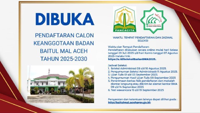 Banner pendaftaran calon keanggotaan Badan Baitul Mal Aceh (BMA) periode 2025–2030. dok. Baitul Mal Aceh