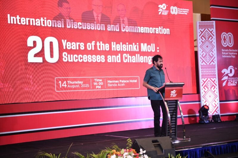 Gubernur Aceh, Muzakir Manaf, Memberi sambutan sekaligus membuka secara resmi International Discussion and commemoration 20 year of the helsinki MoU di Hermes Palace, Kamis, 14 Agustus 2025. dok. Ist