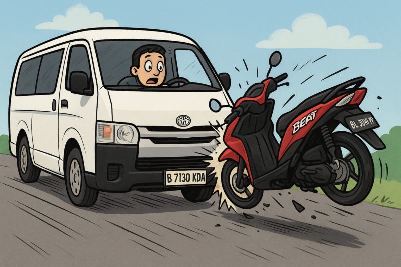 Ilustrasi gambar karikatur yang menggambarkan mobil Toyota Hiace bernomor polisi B 7130 KDA versus sepeda motor Honda Beat BL 3394 YP di Kampung Negeri Antara, Km 36, Kecamatan Pintu Rime Gayo, Kabupaten Bener Meriah, Senin (11/8/2025) sekitar pukul 10.00 WIB. dok. Gambar AI