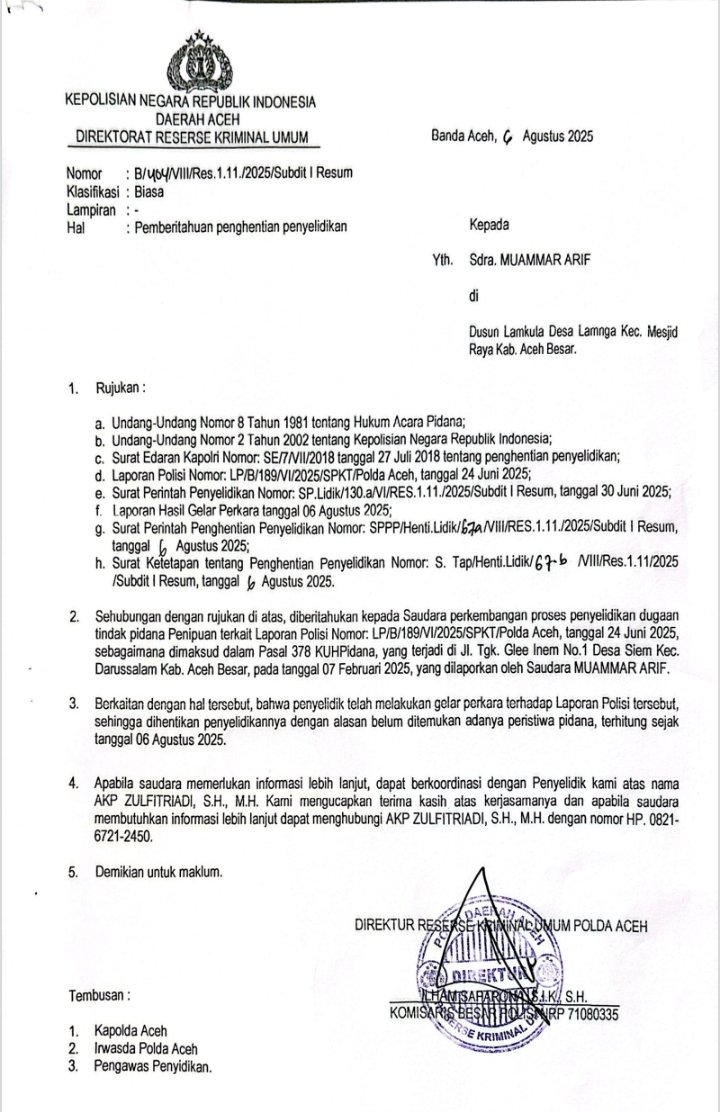 SP3 yang ditujukan kepada Muammar Arif.Foto:Dok