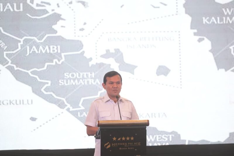 Wakil Gubernur Aceh, Fadhlullah memberikan sambutan pada peluncuran dan deklarasi kemitraan kelapa sawit berkelanjutan Aceh di hotel hermes, Banda Aceh, Rabu, 13 Agustus 2025. dok. Ist
