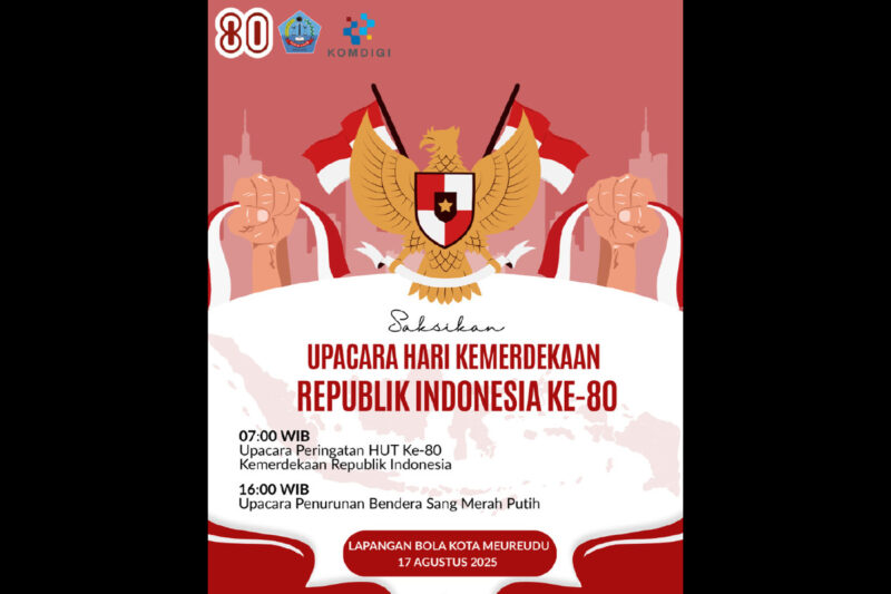 Dalam rangka memperingati Hari Ulang Tahun ke-80 Kemerdekaan Republik Indonesia, Pemerintah Kota Merdu dalam bannernya mengajak seluruh masyarakat untuk berpartisipasi dalam Upacara Pengibaran dan Penurunan Bendera Merah Putih yang akan dilaksanakan pada hari Minggu, 17 Agustus 2025, bertempat di Lapangan Bola Kota Merdu. dok. Diskominfo Kab. Pidie Jaya