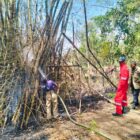 Petugas Damkar BPBD Aceh Besar melakukan pendinginan terhadap rumpun bambu yang terbakar, di Kawasan Gampong Seuot, Kecamatan Indrapuri, Kabupaten Aceh Besar, Selasa (26/8/2025). dok. MC ACEH BESAR