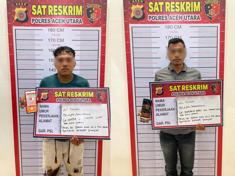 Sat Reskrim Polres Aceh Utara kembali mengamankan dua pria yang kedapatan bermain judi online. Kali ini penangkapan dilakukan pada Senin malam (1/9/2025) di sebuah mobil kopi keliling yang berada di kawasan Simpang Rangkaya, Kecamatan Tanah Luas, Aceh Utara. dok Polres Aceh Utara