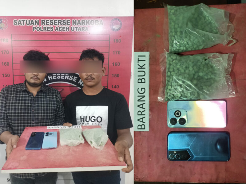 Dua pria masing-masing berinisial SW (24), warga Gampong Alubu Tunong, Kecamatan Perlak Timur, Aceh Timur, dan NA (21), warga Batuphat Timur, Kecamatan Muara Satu, Kota Lhokseumawe, berhasil diringkus dalam operasi di kawasan SPBU Geudong, Kecamatan Samudera, Aceh Utara, Minggu sore (21/9/2025). dok. Polres Aceh Utara.