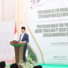 Menag Memberikan Sambutan Dalam Kegiatan Penyerahan SK Izin Penyelenggaran Prodi Baru STIPI Maghfirah, Kampung Maghfirah, Caringin, Bogor. dok. Kemenag RI