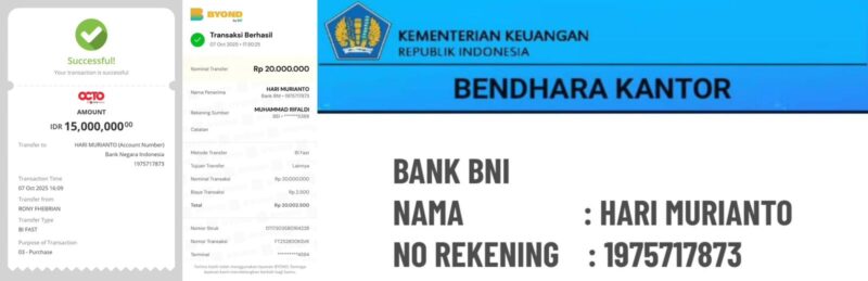 Kolase bukti transfer dan nomor rekening tujuan yang diarahkan oleh pelaku. Total transfer mencapai Rp 35 juta dengan m-banking. (Dokumen kiriman Razali Achmad)