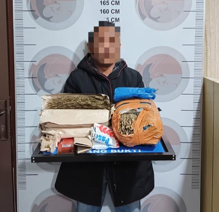pria berinisial S (46), warga Desa Sumber Jaya, Kecamatan Timang Gajah bersama barang buktinya ganja seberat 3 Kg. dok. Polres Bener Meriah.