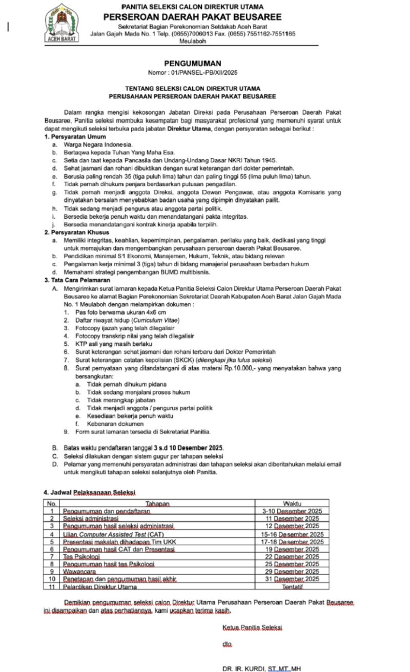 Pemkab Aceh Barat resmi membuka seleksi terbuka Calon Direktur Utama PPD Pakat Beusaree sesuai Pengumuman Nomor 01/PANSEL-PB/XII/2025. Foto: Dok. Pemkab Aceh Barat