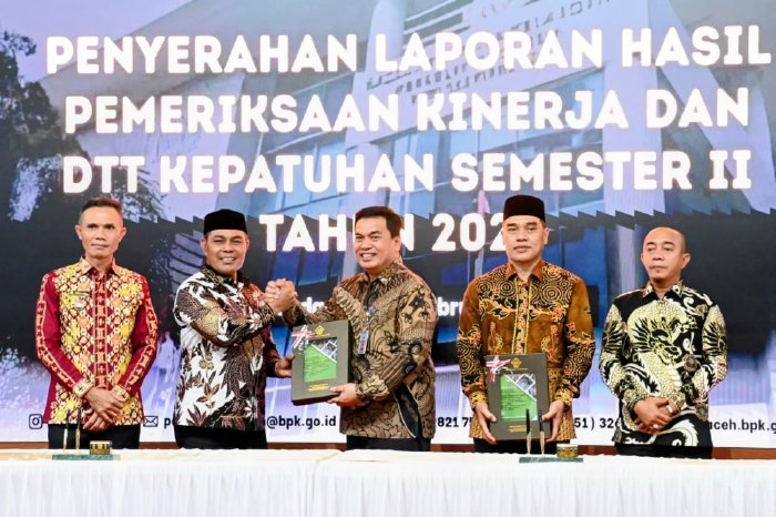 Bupati Aceh Besar H Muharram Idris menandatangani berita acara Laporan Hasil Pemeriksaan (LHP) Keuangan Pemerintah Daerah tahun 2025 di Kantor BPK Perwakilan Aceh, Banda Aceh, Kamis (12/02/2025). Foto: Dok. MC Aceh Besar