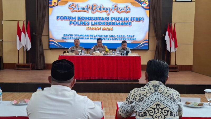 Polres Lhokseumawe menggelar Forum Konsultasi Publik (FKP) Tahun 2026 di Gedung Serbaguna Wira Satya Mapolres Lhokseumawe, Jumat (13/2/2026) pagi. Dok. Ist
