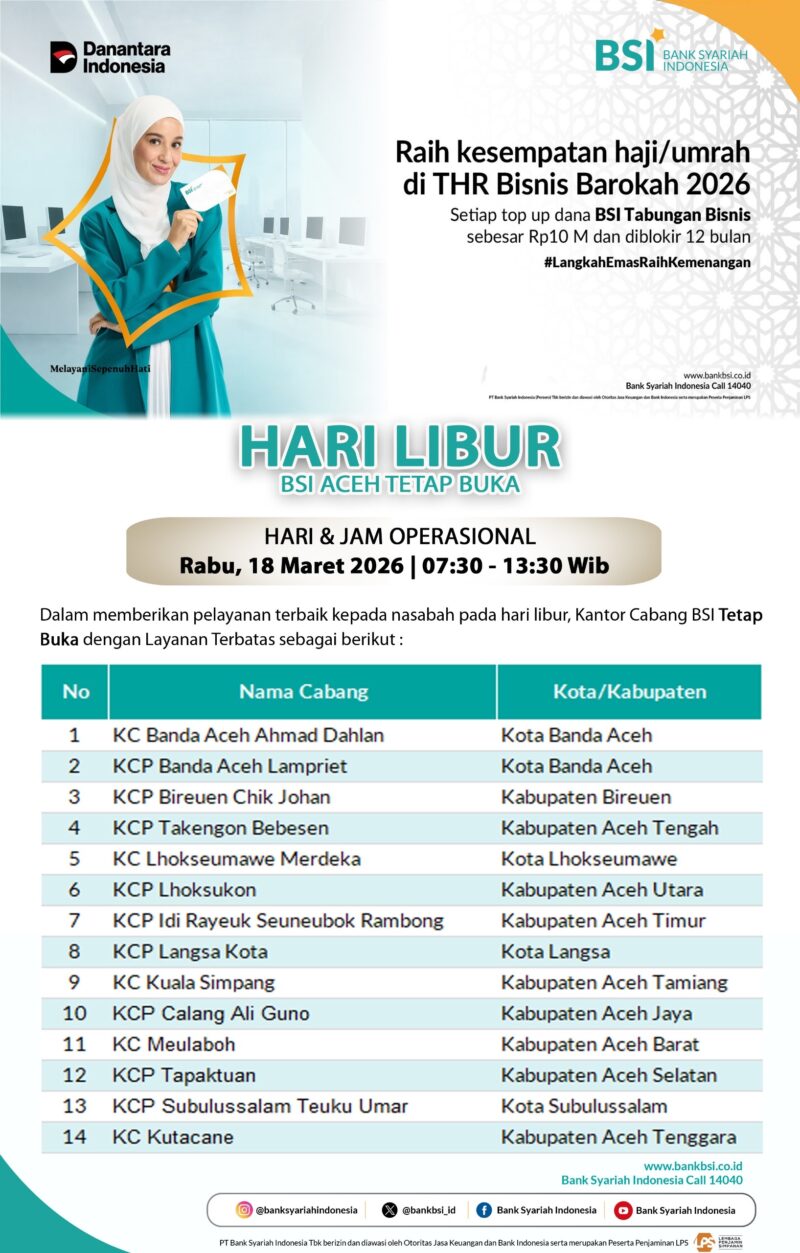 Informasi jadwal operasional BSI Aceh di hari libur. Foto: Dok. Istimewa