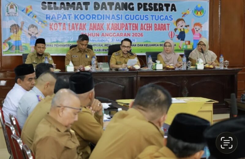 Suasana rapat Gugus Tugas KLA Aceh Barat yang membahas persiapan evaluasi nasional tahun 2026 di Aula Bapperida Meulaboh, Selasa (31/3/2026). Foto: Dok. Pemkab Aceh Barat