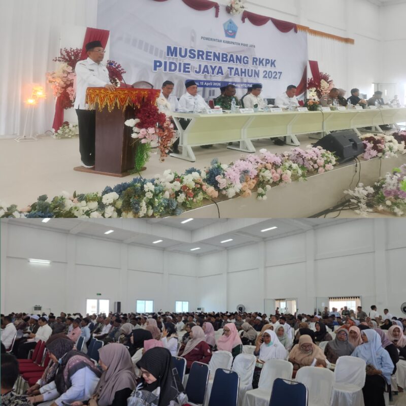 Bupati Pidie Jaya Tgk. H. Syibral Malasyi, MA. S. Sos, ME, ( Foto atas ) membuka Musrenbang RKPK tahun 2027, gedung MTQ, Meureudu,( 15/4/2026). Foto:Dok/Muhammad Rissan 