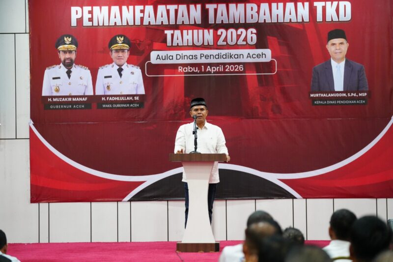 Kadisdik Aceh Murthalamuddin menyampaikan arahan terkait pemanfaatan anggaran TKD bagi SMK Tahun 2026 di Banda Aceh, Kamis (2/4/2026). Foto: Dok. Istimewa 