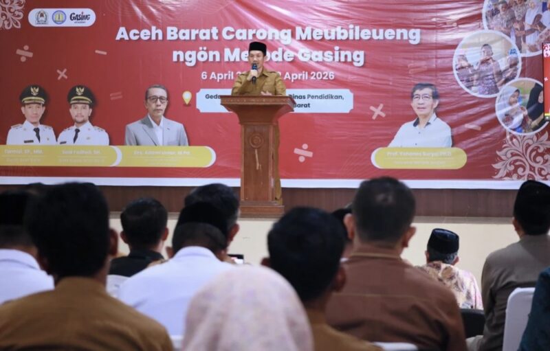 Bupati Aceh Barat Tarmizi membuka pelatihan metode Gasing bagi guru dan siswa di BKPSDM Aceh Barat, Senin (6/4/2026). Foto: Dok. Pemkab Aceh Barat