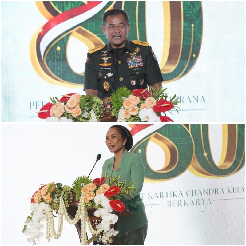 Kepala Staf Angkatan Darat Jenderal TNI Maruli Simanjuntak dan Ketua Umum Persit Kartika Chandra Kirana Ny. Uli Simanjuntak memberi kata sambutan pada peringatan HUT ke-80 Persit KCK di Jakarta, Kamis (7/5/2026). Foto: Dok. Istimewa