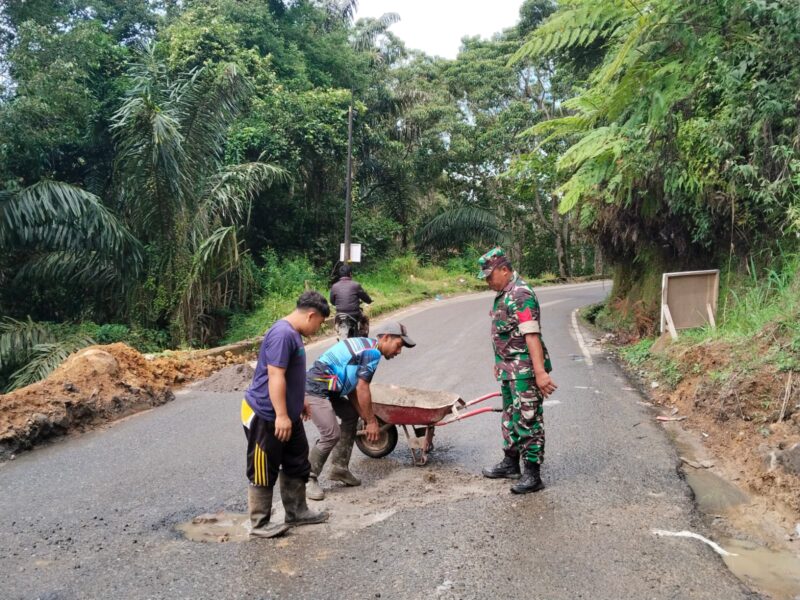 Ket foto : Babinsa 04/PRG Bersama Warga Tambal Jalan Berlubang di Lintas Takengon–Bireuen tepatnya di Desa Tenge Besi Kecamatan Pintu Rime Gayo.(Dok: Ist)
