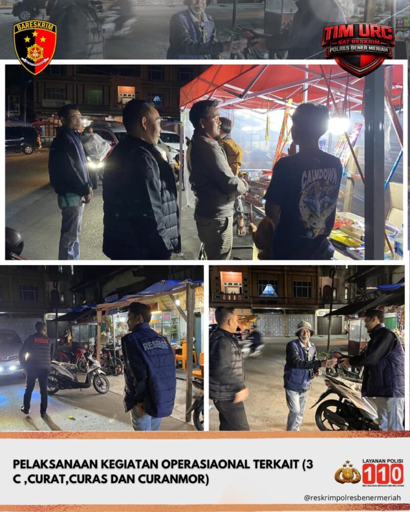 Ket foto: Personel Tim URC Satreskrim Polres Bener Meriah saat melaksanakan patroli malam dan menyisir lokasi rawan serta berdialog dengan masyarakat guna mencegah tindak pidana 3C di wilayah hukum Polres Bener Meriah.(Dok/Ist)
