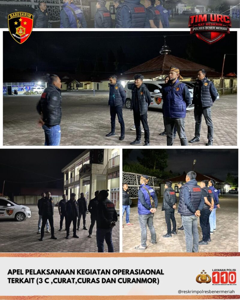 Ket Foto: Personel  Satreskrim Polres Bener Meriah melaksanakan apel sebelum patroli dalam rangka kegiatan operasional pencegahan kejahatan.(Dok /Ist)