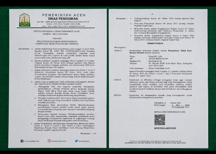 Surat keterangan sanksi yang beredar luas. Foto.dok. A. Rani/Acehnow.com
