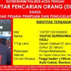 Terduga pelaku berinisial TQ yang masuk dalam Daftar Pencarian Orang (DPO) Polres Aceh Tengah. Foto: Dok. Istimewa 