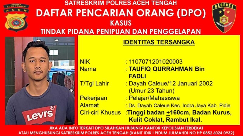 Terduga pelaku berinisial TQ yang masuk dalam Daftar Pencarian Orang (DPO) Polres Aceh Tengah. Foto: Dok. Istimewa 
