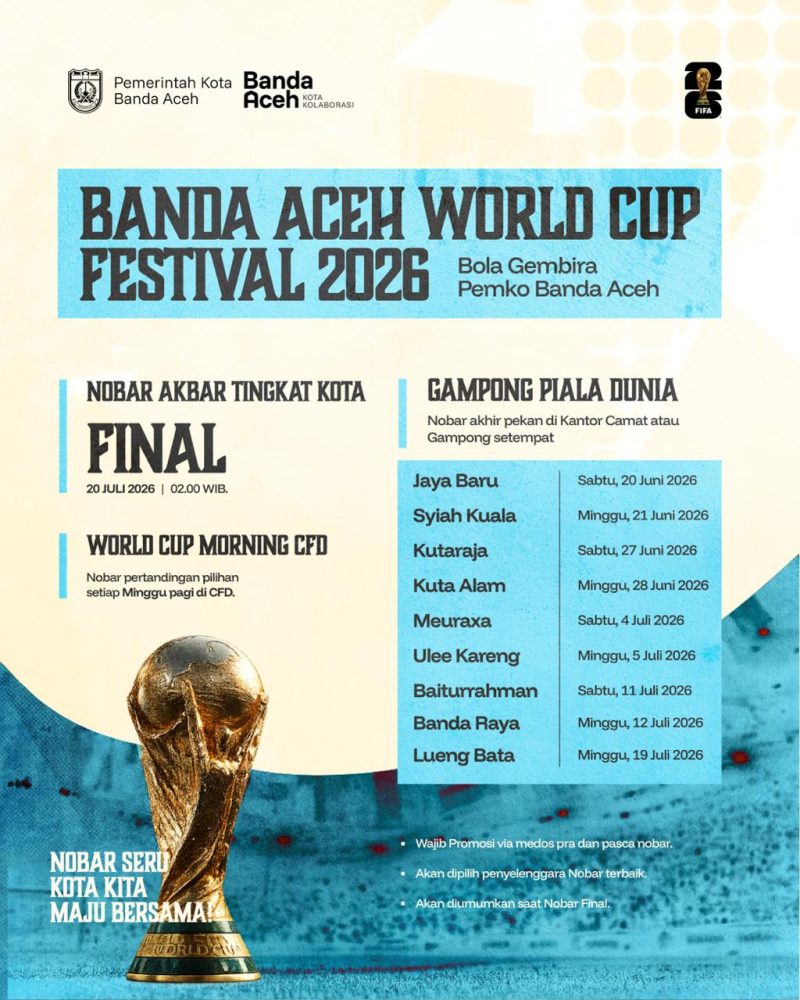 Pemerintah Kota Banda Aceh meluncurkan program Banda Aceh World Cup Festival 2026 dengan menghadirkan nonton bareng (nobar) Piala Dunia di sembilan kecamatan serta nobar akbar tingkat kota guna mempererat kebersamaan masyarakat dan mendukung UMKM lokal. Foto: Dok. Diskominfo Kota Banda Aceh 