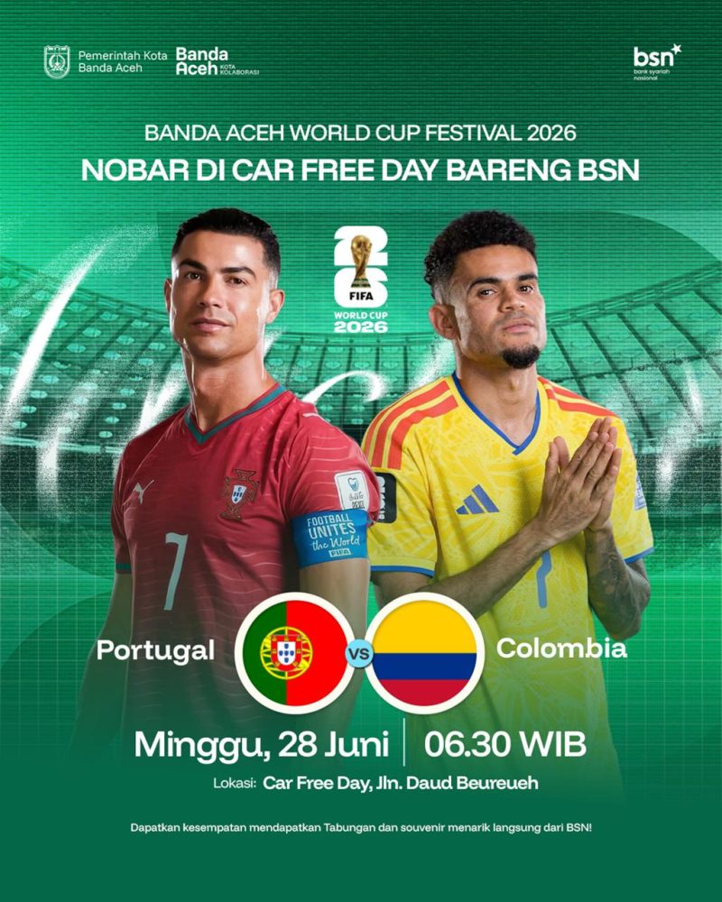 Pemerintah Kota Banda Aceh melalui Dinas Pemuda dan Olahraga menggelar nonton bareng (nobar) Piala Dunia FIFA 2026 setiap Minggu pagi di kawasan Car Free Day (CFD). Kegiatan ini menghadirkan layar videotron serta berbagai doorprize bagi masyarakat. Foto: Dok. Diskominfo Kota Banda Aceh