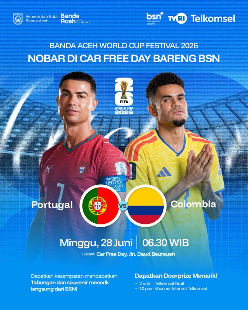 Pemerintah Kota Banda Aceh melalui Dinas Pemuda dan Olahraga menggelar nonton bareng (nobar) Piala Dunia FIFA 2026 setiap Minggu pagi di kawasan Car Free Day (CFD). Kegiatan ini menghadirkan layar videotron serta berbagai doorprize bagi masyarakat. Foto: Dok. Diskominfo Kota Banda Aceh