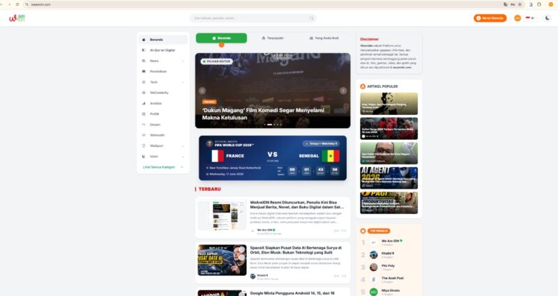 Tampilan platform WeAreIDN yang resmi diluncurkan sebagai ekosistem digital untuk publikasi berita, artikel, novel, buku digital, serta monetisasi karya tulis bagi penulis, jurnalis, media, dan berbagai instansi di Indonesia. Foto: Dok. Istimewa 