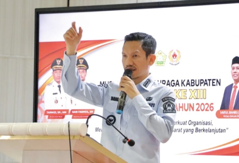 Bupati Aceh Barat Tarmizi SP, MM membuka Musyawarah Olahraga Kabupaten (Musorkab) KONI Aceh Barat Tahun 2026 di Aula Cabang Dinas Pendidikan, Meulaboh, Sabtu (4/7/2026). Foto: Dok. Pemkab Aceh Barat