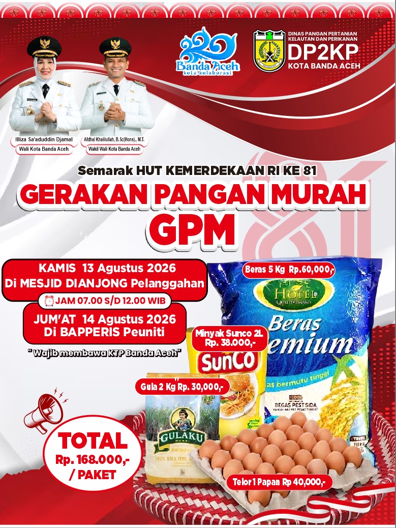 Paket Gerakan Pangan Murah di Banda Aceh terdiri dari beras, minyak goreng, gula, dan telur dengan harga Rp168.000 per paket, Senin (10/8/2026). Foto: Dok. Diskominfo Kota Banda Aceh