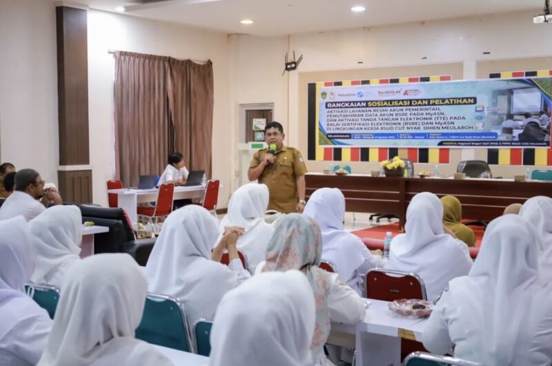 Diskominsa Aceh Barat memberikan sosialisasi dan pendampingan aktivasi Tanda Tangan Elektronik (TTE) berbasis BSrE kepada ASN RSUD Cut Nyak Dhien Meulaboh, Selasa (11/8/2026). Foto: Dok. Pemkab Aceh Barat 
