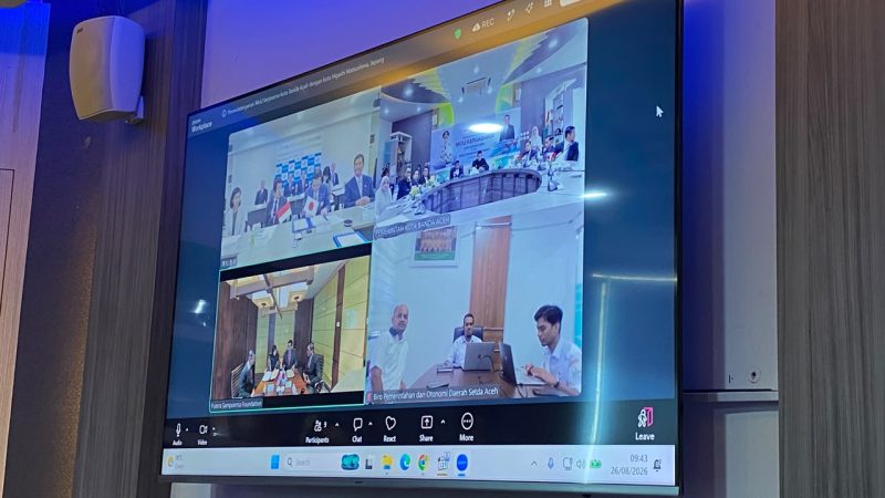 Pemerintah Kota Banda Aceh mengikuti penandatanganan MoU kerja sama dengan Kota Higashimatsushima, Jepang, yang mencakup bidang kebencanaan, ekonomi, lingkungan, pendidikan, dan sektor strategis lainnya, Rabu (26/8/2026). Foto: Dok. Diskominfo Kota Banda Aceh