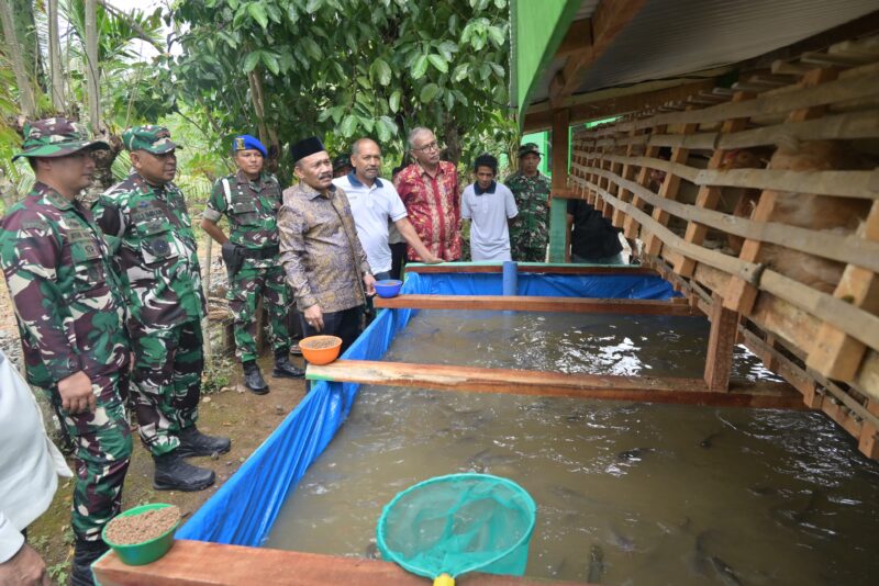 Danrem 011/Lilawangsa Brigjen TNI Ali Imran bersama Forkopimda Pidie dan Dansatgas TMMD ke-129 Kodim 0102/Pidie meninjau kolam ikan lele dan kandang ayam petelur sebagai sasaran tambahan TMMD di Desa Lhok Panah, Kecamatan Sakti, Kamis (13/8/2026). Foto: Dok. Istimewa 