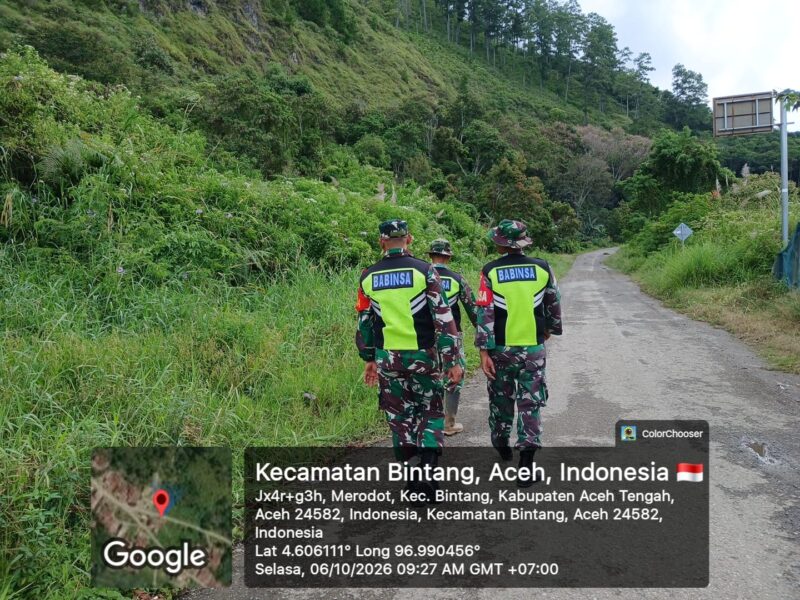 Personel Koramil 04/Bintang saat melaksanakan patroli dan mitigasi antisipasi kebakaran hutan dan lahan di wilayah teritorial Koramil 04/Bintang, Aceh Tengah, Selasa (6/10/2026).dok:ist