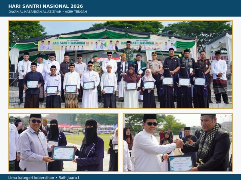 Bupati Aceh Tengah Haili Yoga menyerahkan piagam penghargaan kepada perwakilan Dayah Al Hasaniyah Al Aziziyah yang meraih Juara I dalam lima kategori kebersihan pada peringatan Hari Santri Nasional 2026 di Takengon.Kamis,(22/10/26).foto:Doc.Rizkan/Acehnow.com