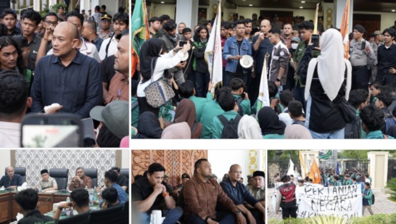 Aliansi Mahasiswa Peduli Agraria menyampaikan tuntutan kepada DPRA agar pemulihan lahan pertanian terdampak bencana dan penyelesaian konflik agraria di Aceh dipercepat, Banda Aceh, Kamis (1/10/2026). Foto: Dok. DPRA