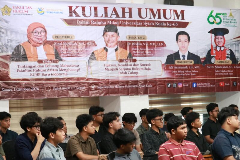 Mahasiswa Fakultas Hukum Universitas Syiah Kuala mengikuti kuliah umum bersama dua Hakim Agung Mahkamah Agung RI yang membahas perkembangan hukum, KUHP baru, keadilan dan integritas profesi hukum, Kamis (1/10/2026). Foto: Dok. Istimewa 
